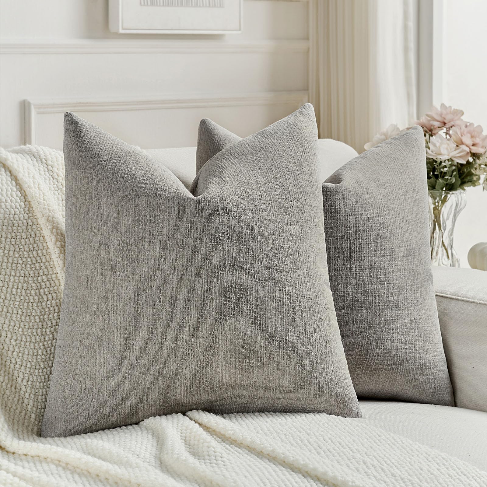 FUTEI Pack of 2 Faux Linen Throw Pillow Covers 26x26 Inch, Smoke Gray