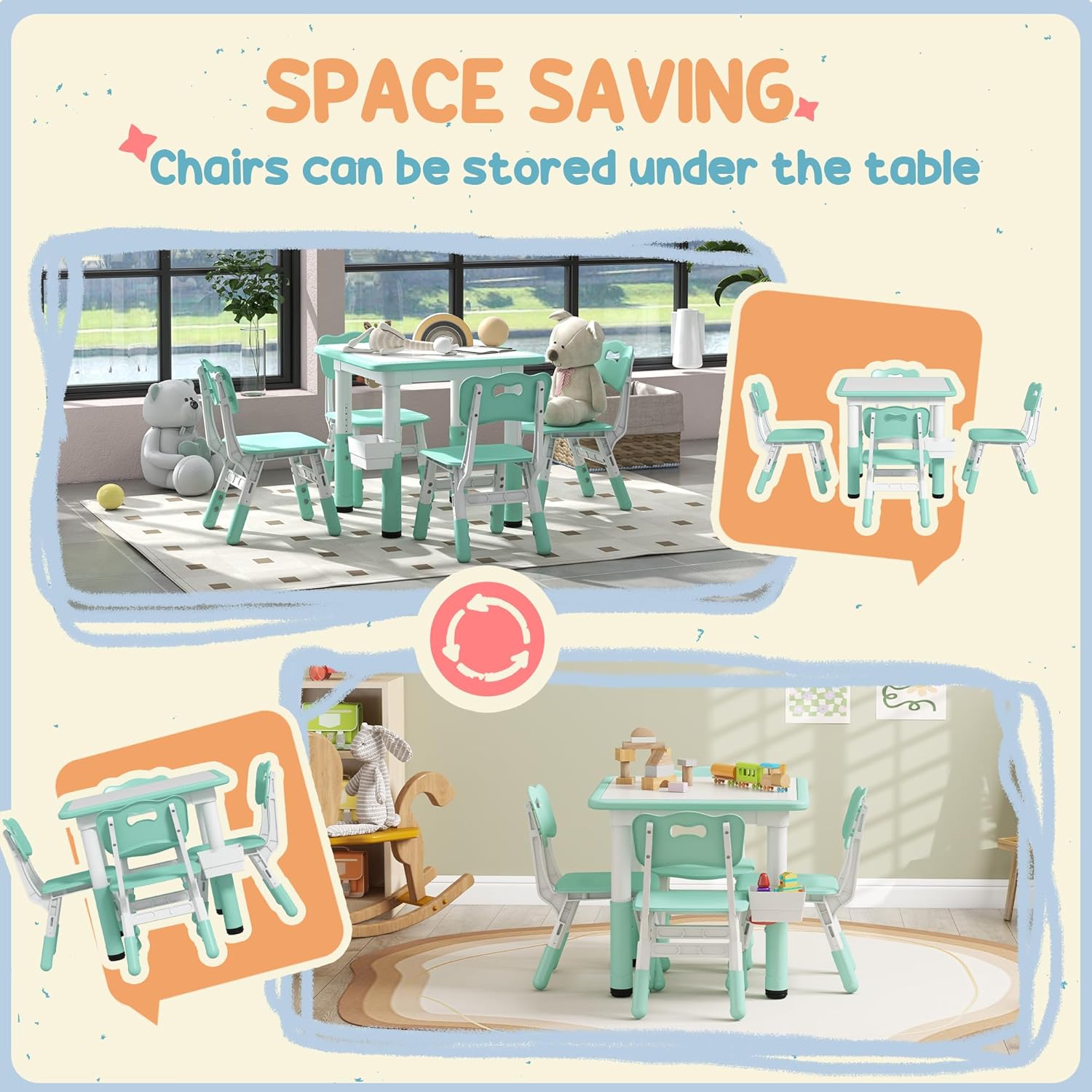 Qaba Kids Table and Chair Set, Height Adjustable 5 Piece Toddler Table and Chair Set with Storage Box, Easy to Wipe Activity Table with 4 Chairs for Ages 18 Months-5 Years, Green