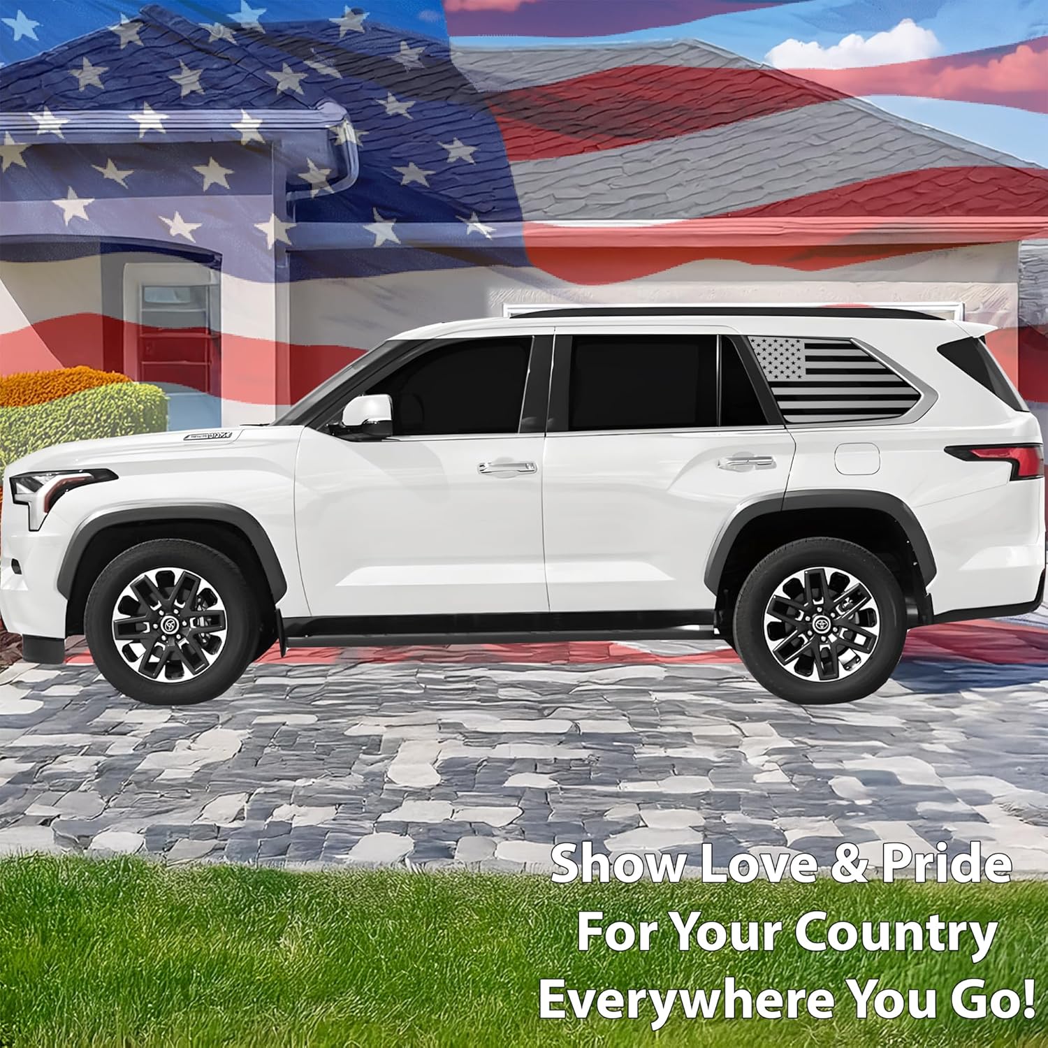 BOGAR TECH DESIGNS Precut Quarter Window American Flag Vinyl Decal Sticker Fits Toyota Sequoia 2023-2026, Matte Black