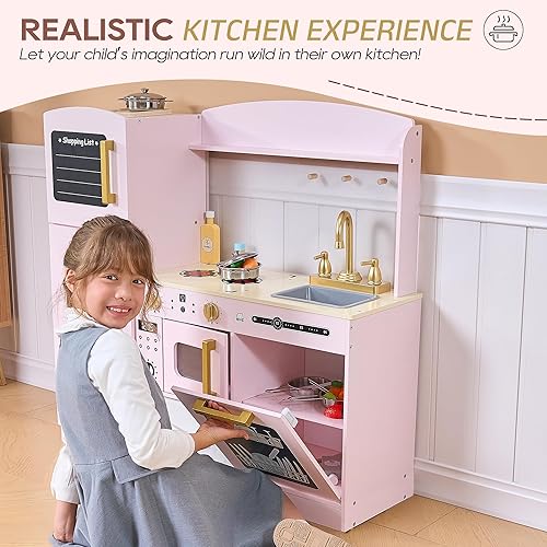 Miniatura 3 de Juego de cocina para niños, juego de cocina de madera para niños con luces y sonidos reales, cocina de juguete interactiva con cajas de fieltro para