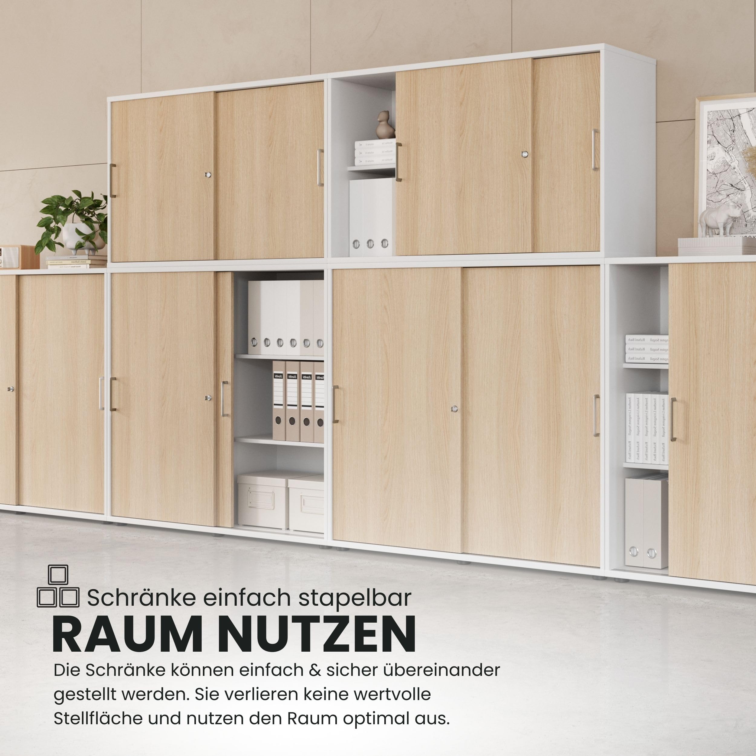bümö Schiebetürenschrank 2OH Aktenschrank abschließbar Sideboard grau Büroschrank Holz Schiebetür Büro Kommode