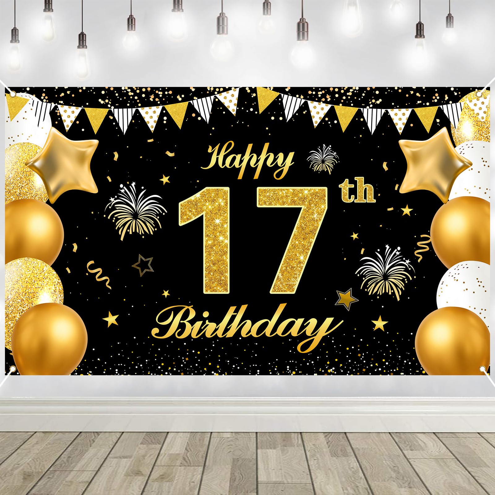 17th Birthday Decorations Banner Gold Black Happy Birthday Door Banner for Party Photo Backdrop for Men Women Home Outdoor Cover Party Decoration Supplies Poster