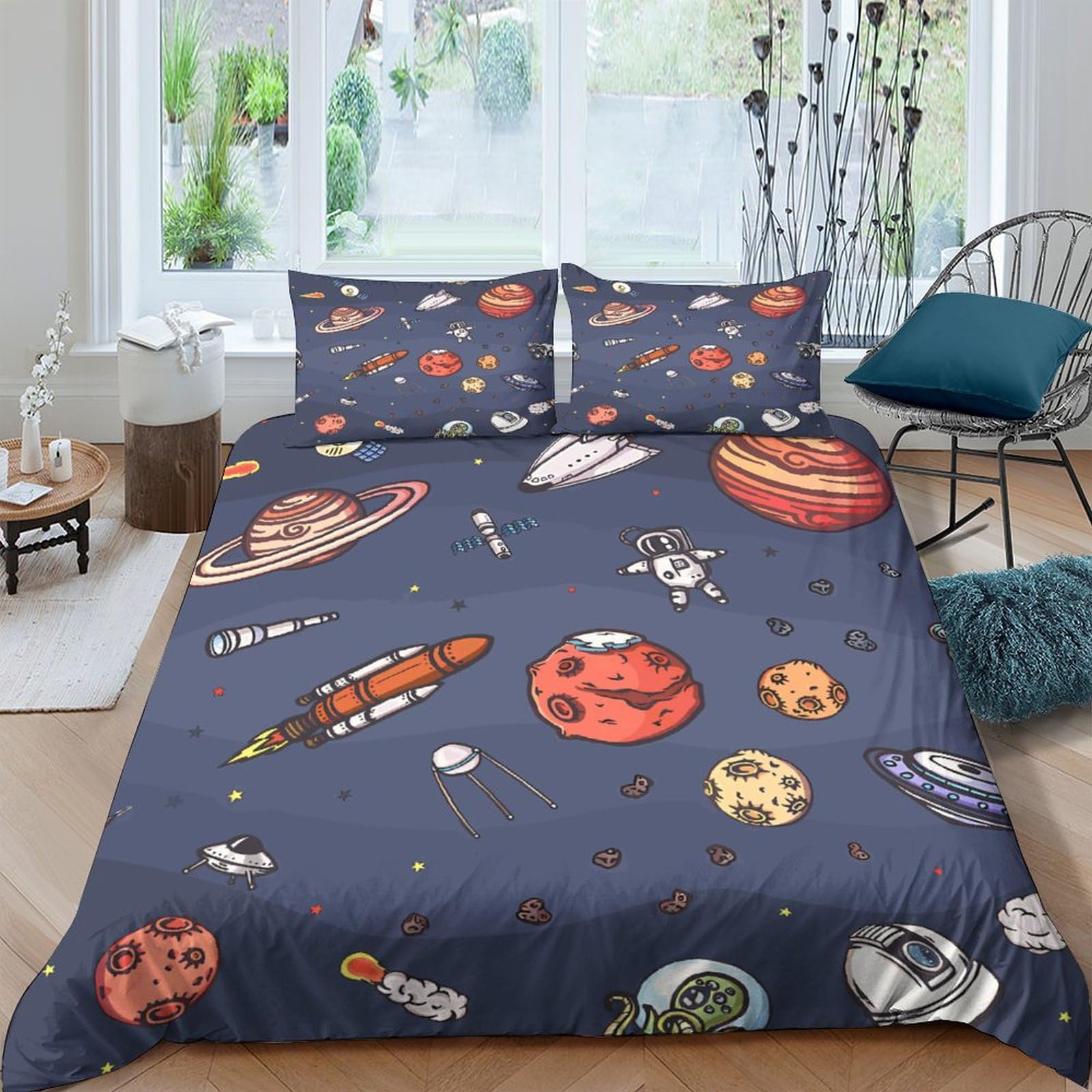 Housse de couette fusée et planète 200x200cm avec taies d'oreiller