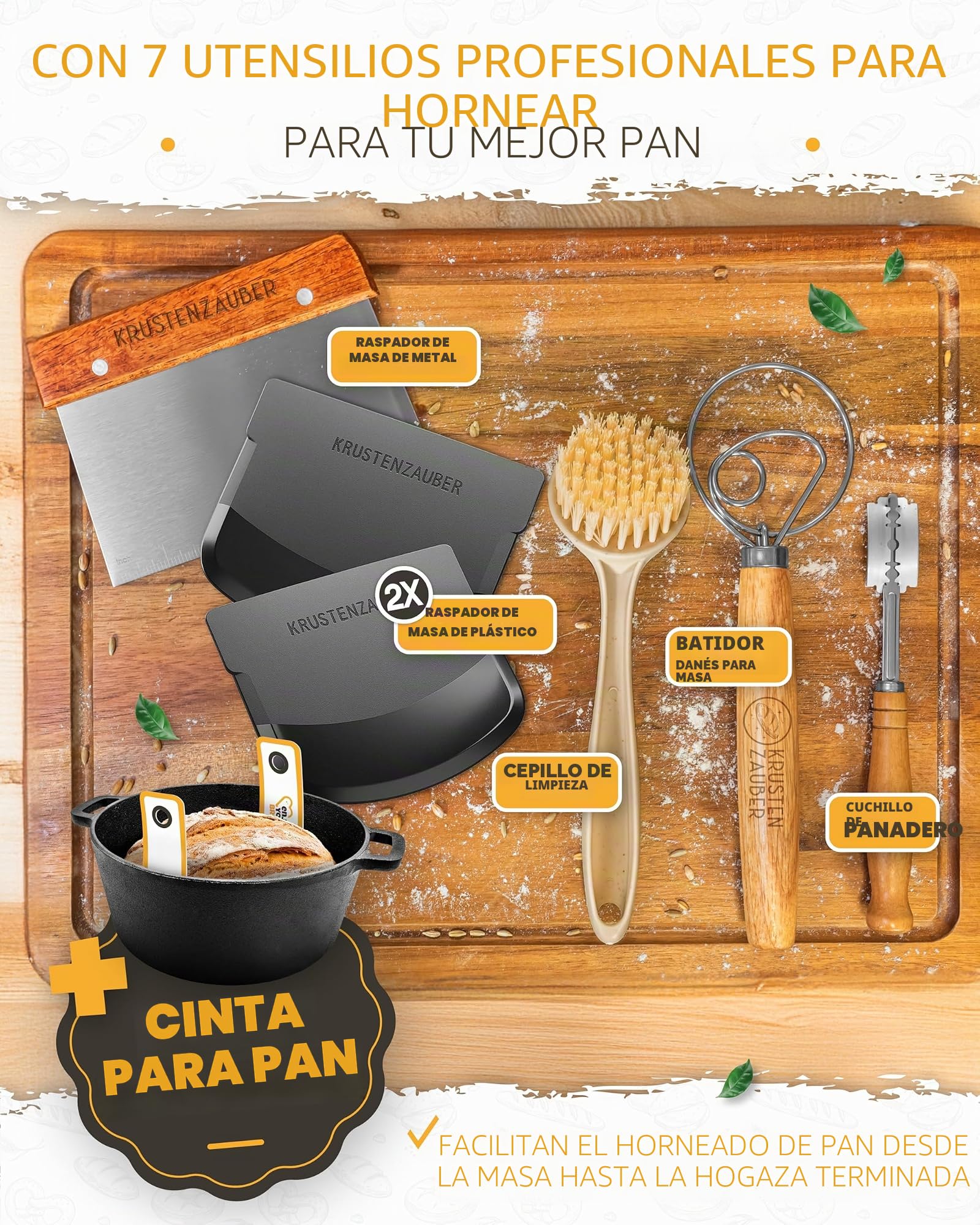 KRUSTENZAUBER Juego XXL de cacerola de hierro fundido, molde para pan con tapa, incluye cesta de fermentación, batidor, cuchillo de panadero, espátula para masa, soga de pan y más – Juego perfecto