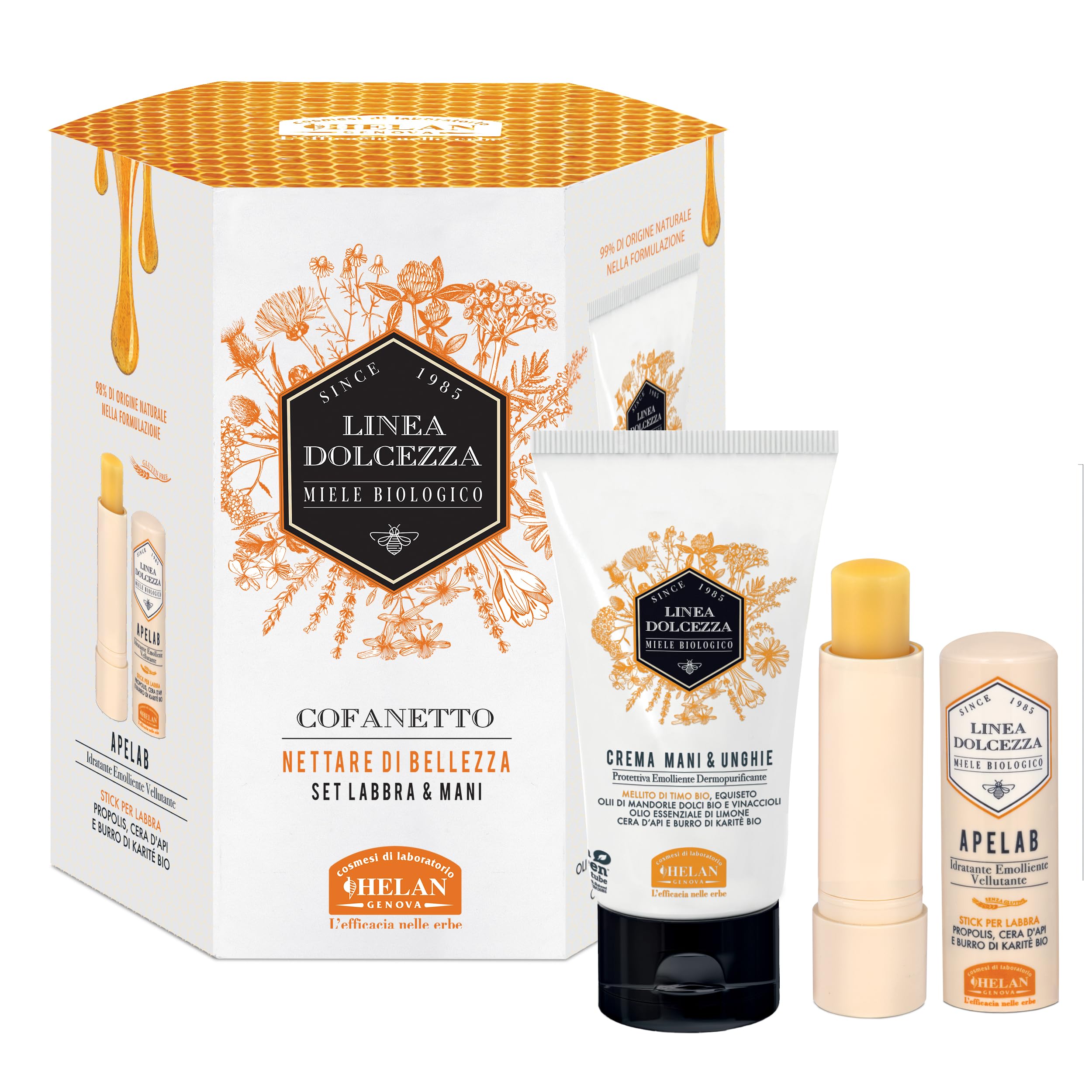 Helan, Dolcezza Line - Women's Gift Set with Lip Balm Stick and Hand and Nail Cream - Beauty Set with Cocoa Butter and Lip Balm with Sweet Almond Oil and Shea Butter, Made in Italy