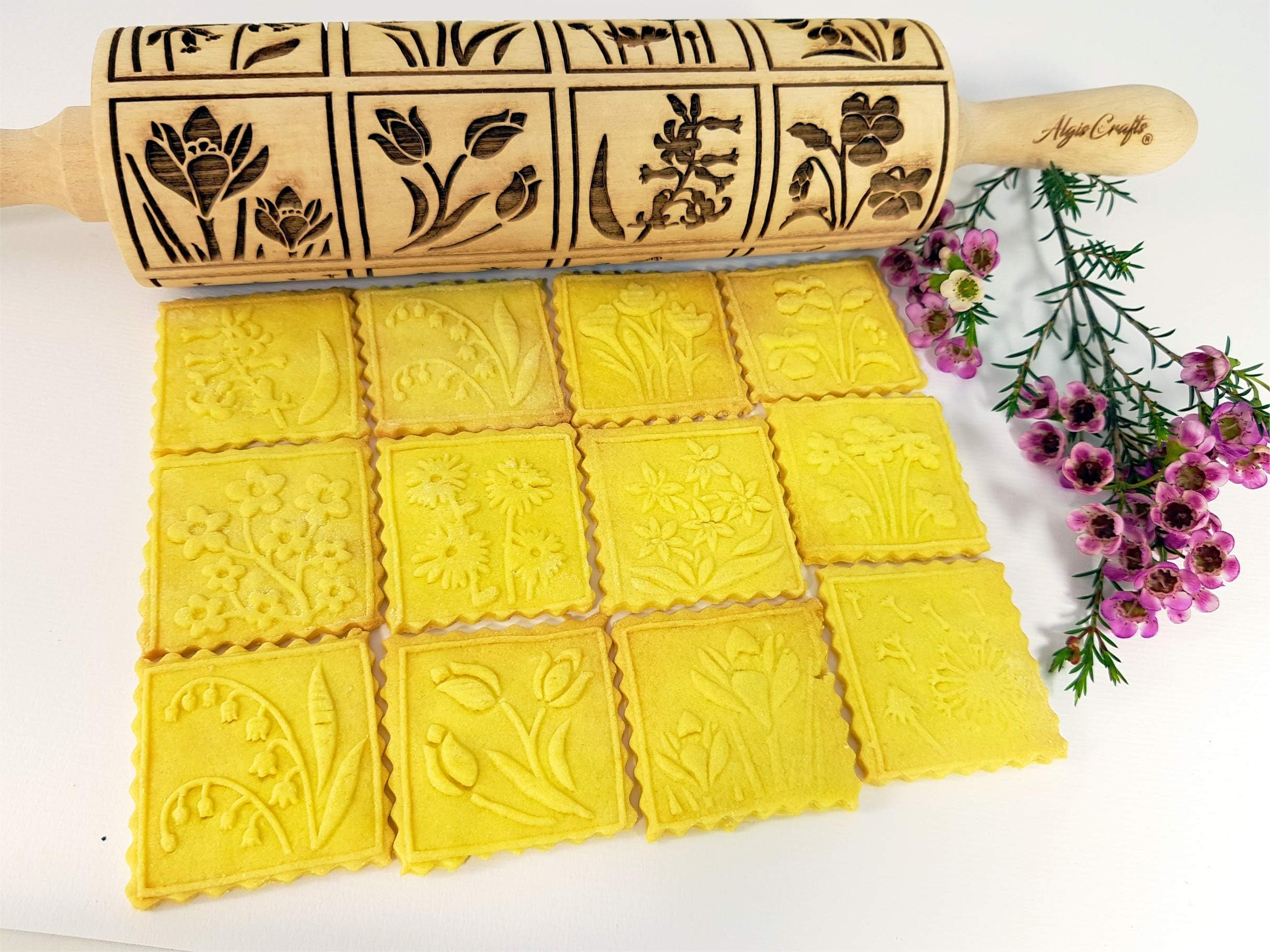 Algis CraftsEmbossed Rolling Pin for Baking Accessories with Laser Engraved Design SPRING FLOWERS - Beautifully Handmade Pattern Rolling Pin - Decorative Rolling Pins to Make Unique Bakes