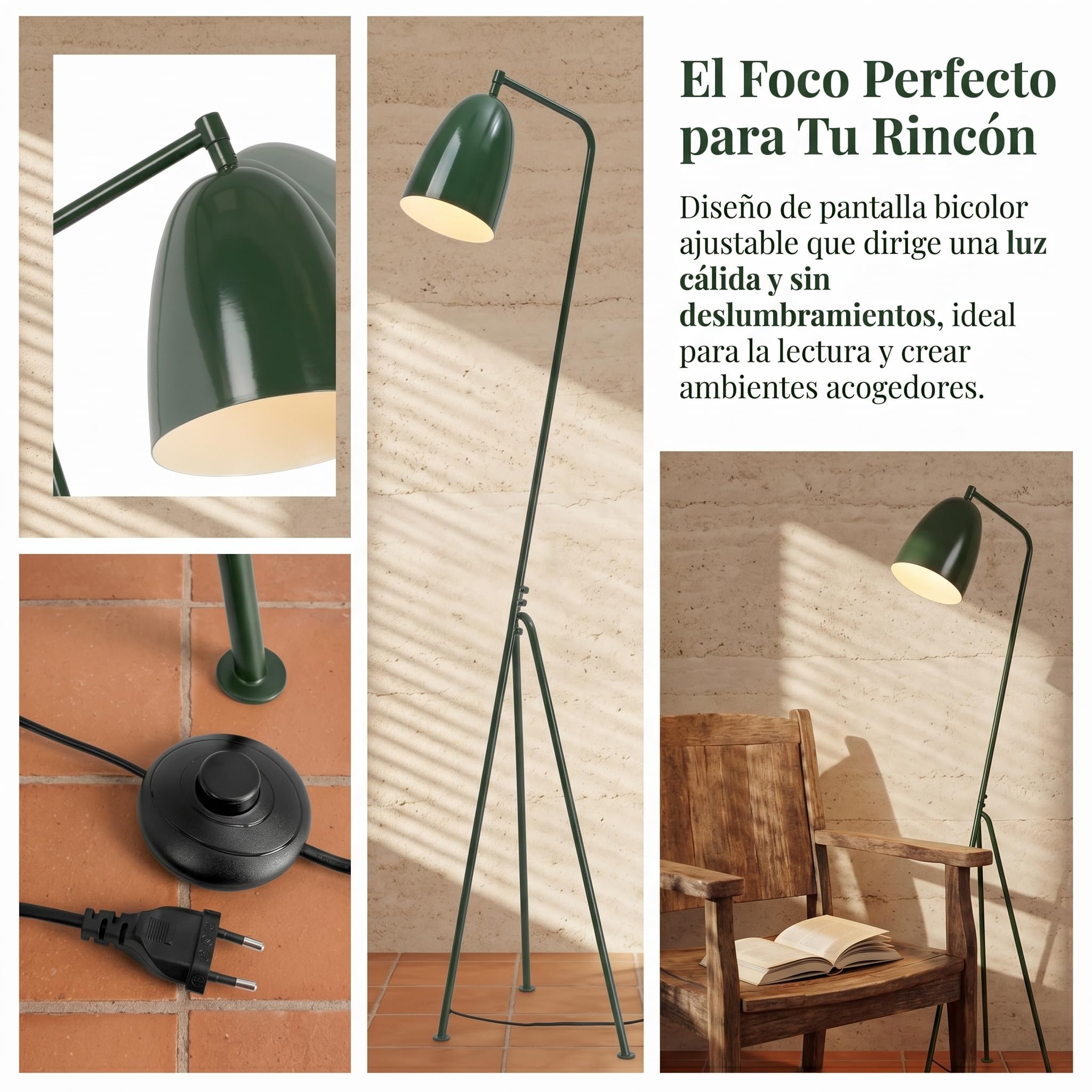 BARCELONA LED Lampa Podłogowa Shoppen Zielona, Nowoczesna Lampa Trójnóg Mid Century, Regulowany Klosz E27, Skandynawska Lampa Vintage do Salonu Sypialni Biura