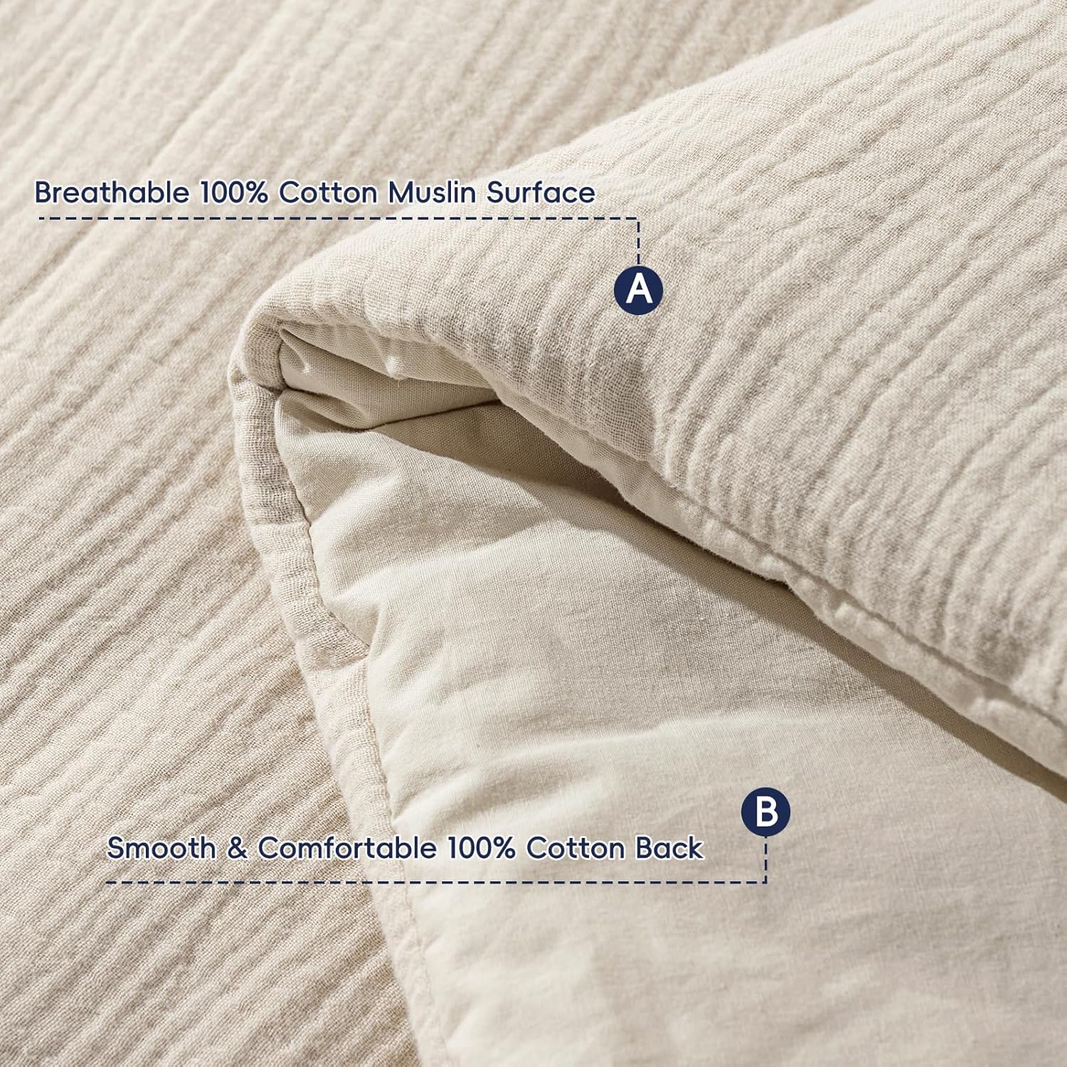 PHF Cotton Muslin Comforter Set King – 100% Cotton Cover, Ultra Soft & Breathable, 3PCS Lightweight All-Season Bedding with Polyester Fill, 1 Comforter 104"x90" & 2 Pillow Shams 20"x36", Natural - Image 8