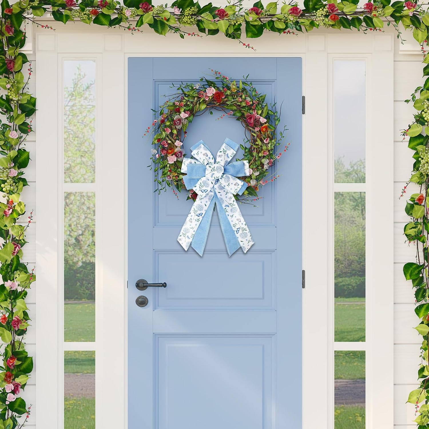 JarThenaAMCS Large Hydrangea Flower Wreath Bow 20.3 Inch Blue Floral Wreath Wired Edge Bow Summer Fabric Crafts Large Bowknot for Spring Front Door Tree Topper Indoor Outdoor Decor
