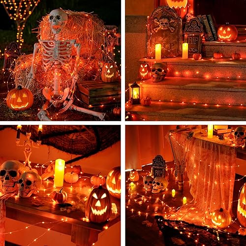 Miniatura 9 de JMEXSUSS Paquete de 2 luces naranjas de hadas de Halloween, 33 pies, 100 luces LED de Halloween con control remoto, 8 modos de luces parpadeantes