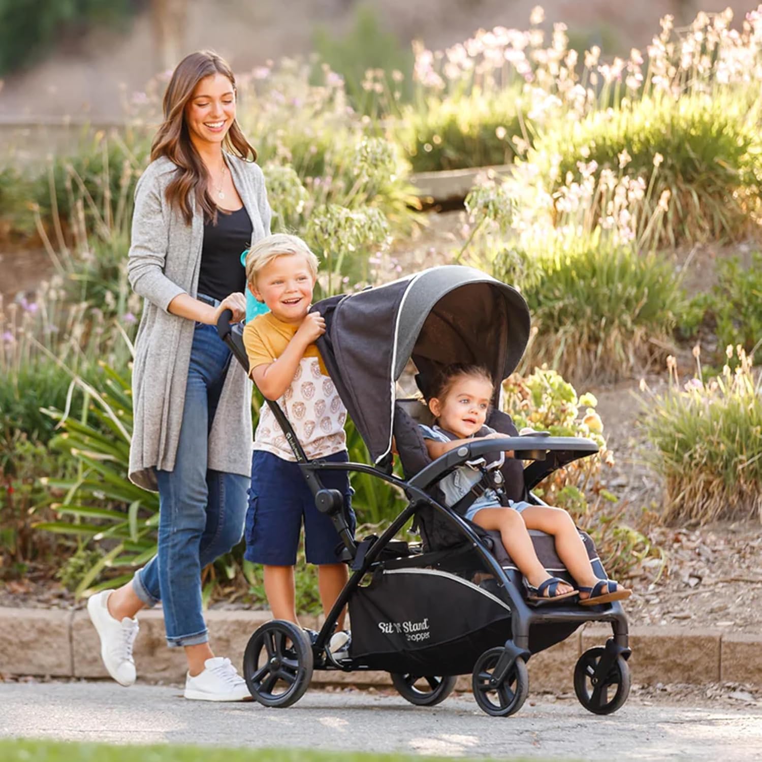 Baby Trend Sit N' Stand 5-in-1 Collapsible Kids Shopper Stroller with Shaded Canopy Visor, Extendable Storage Basket, and 2 Cup Holders, Stormy