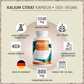 Potassium Capsules 240x – Optimal High Dose: 2240 mg Potassium Citrate per day of which 800 mg Elementary Potassium (Potassium) – High Bioavailability – Laboratory Tested with Certificate – Supply for 120 Days