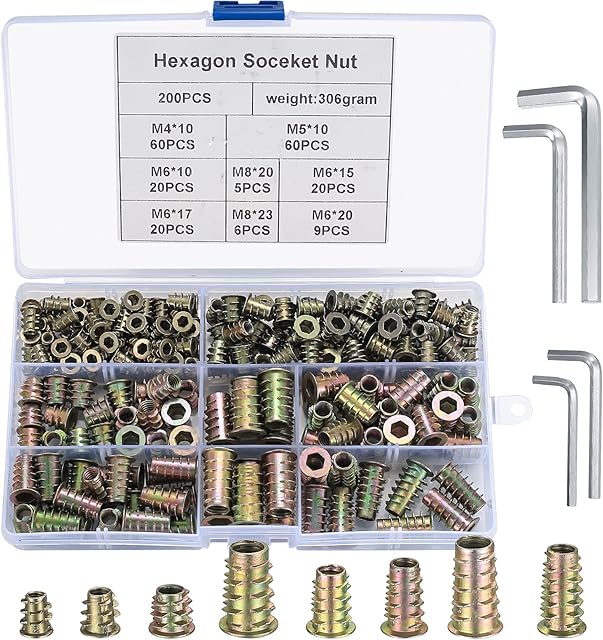 200PCS Zinc Alloy Threaded Insert Nuts Furniture Nuts, M4 M5 M6 M8 Hex Socket Screw-in Nuts Type D Threaded Inserts for Wood with 4pcs Allen Wrench