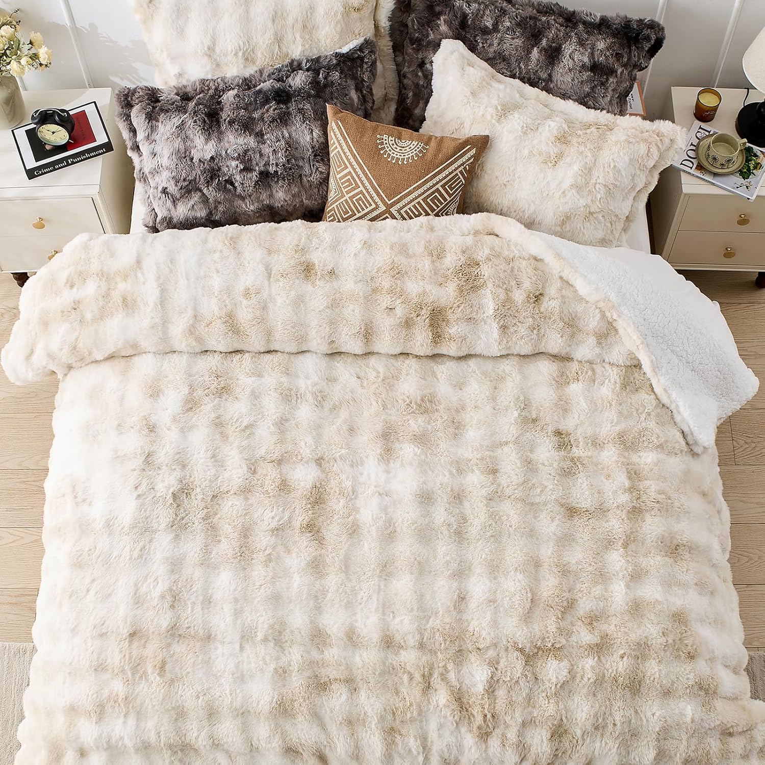 Peace nest Fluffy Rabbit Faux Fur Bedding Queen Comforter Set Ultra Soft Plush Winter Tie-Dye Bubble Sherpa Reversible Comforters 3 Pieces Sets with 1 Comforter 2 Pillow Shams Brown - Image 9