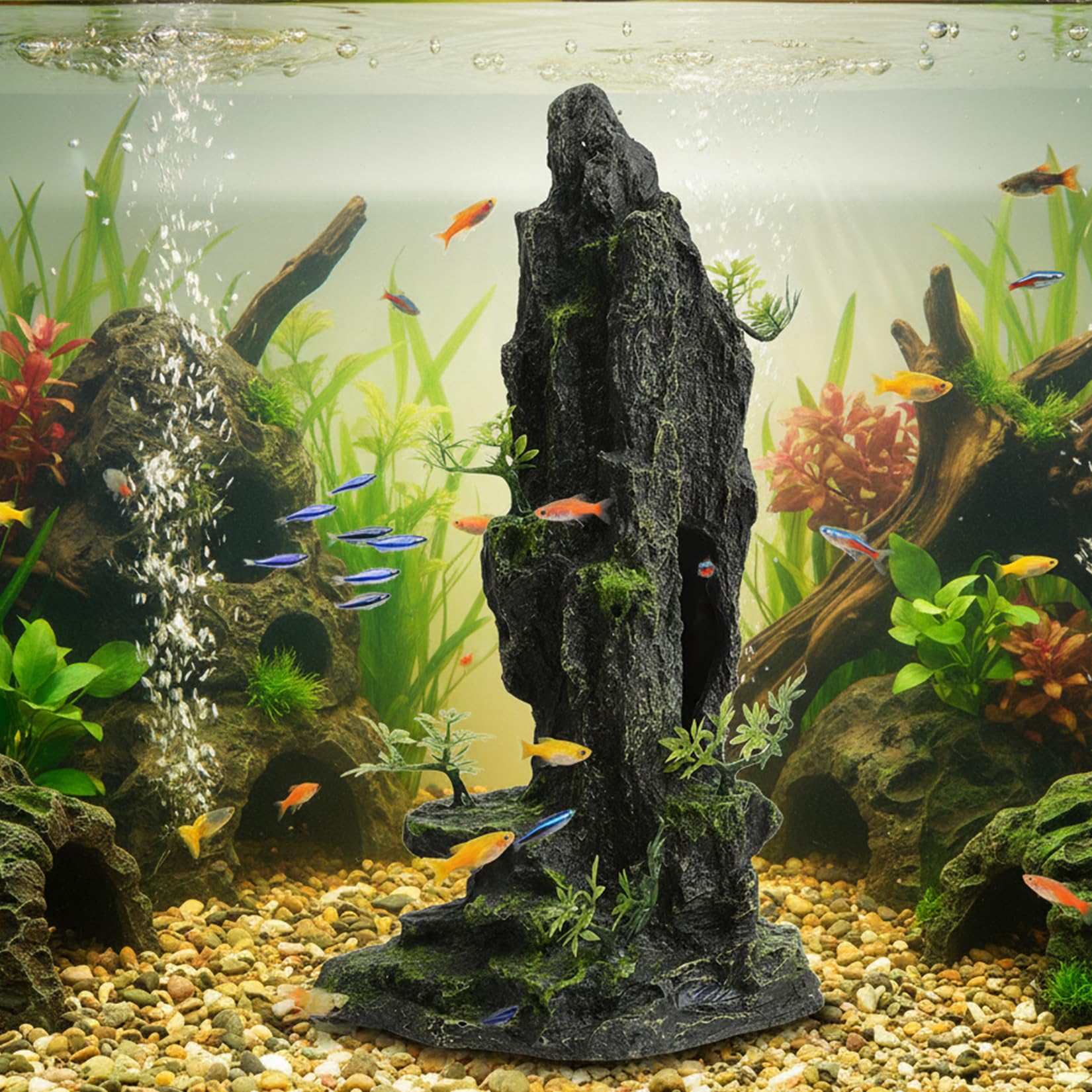 Decoración de montaña para acuario, cueva oculta, decoración de pecera, piedra de resina, accesorios de paisaje con pequeñas plantas artificiales