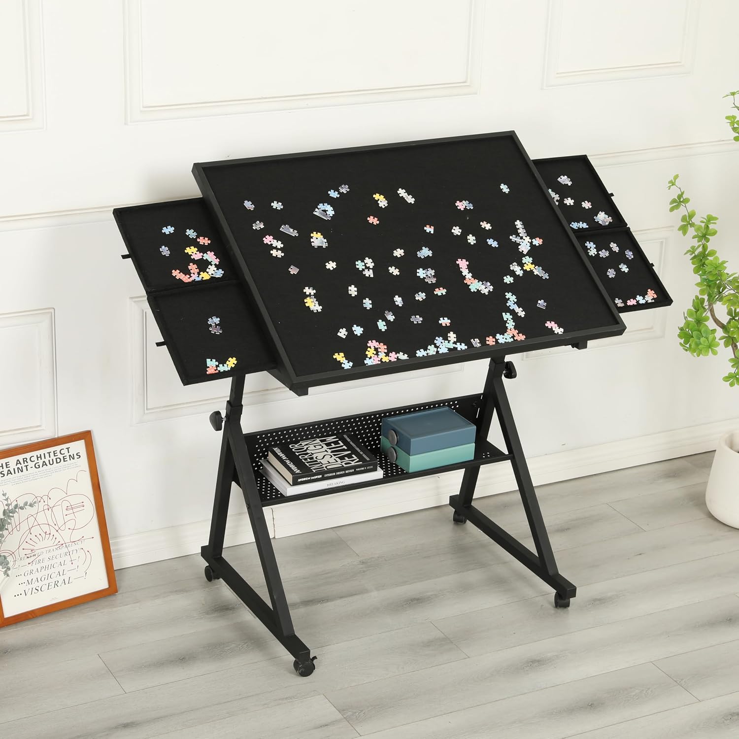 Henf 1500 Piece Puzzle Table with Drawers, Jigsaw Puzzle Table with Wheels, 35.4" x 25.98" Adjustable Puzzle Tables for Adults Tilting-Angle Portable Jigsaw Puzzle Board with Legs for Adults,Black