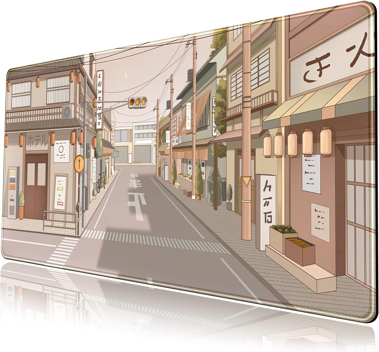 Tokyo Street Desk Mat Anime Japanese Mouse Pad XL Kawaii Large Gaming Mousepad XXL Beige Cute Desktop Mat Laptop Keyboard Mouse Mat Desk Pad Big 31.5''x15.7'' with Stitched Edges Non-Slip Rubber Base