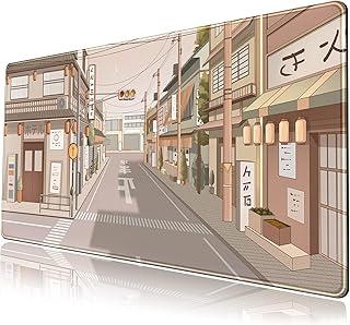 Mechanical Cattle Tokyo Street Desk Mat Anime Japanese Mouse Pad XL Kawaii Large Gaming Mousepad XXL Beige Cute Desktop Laptop Keyboard Big 31.5''x15.7'' with Stitched Edges Non-Slip Rubber Base