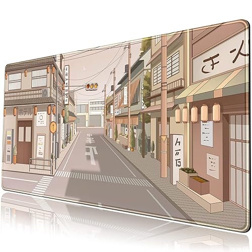 Tokyo Street Desk Mat Anime Japanese Mouse Pad XL Kawaii Large Gaming Mousepad XXL Beige Cute Desktop Mat Laptop Keyboard Mouse Mat Desk Pad Big 31.5''x15.7'' with Stitched Edges Non-Slip Rubber Base - A Beige Japanese