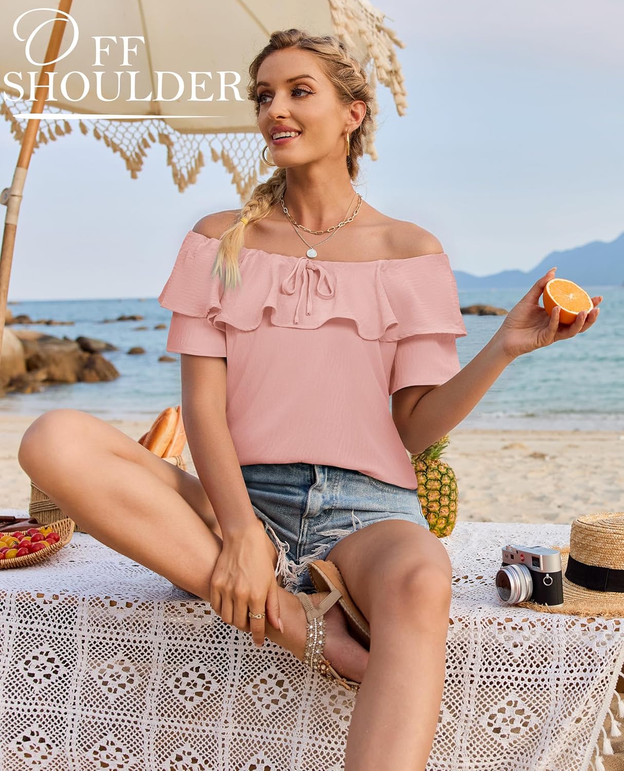 Off The Shoulder Tops for Women Boat Neck Blouses Casual Ruffle Short Sleeve Shirts Chiffon Summer Vacation Outfits - Image 3