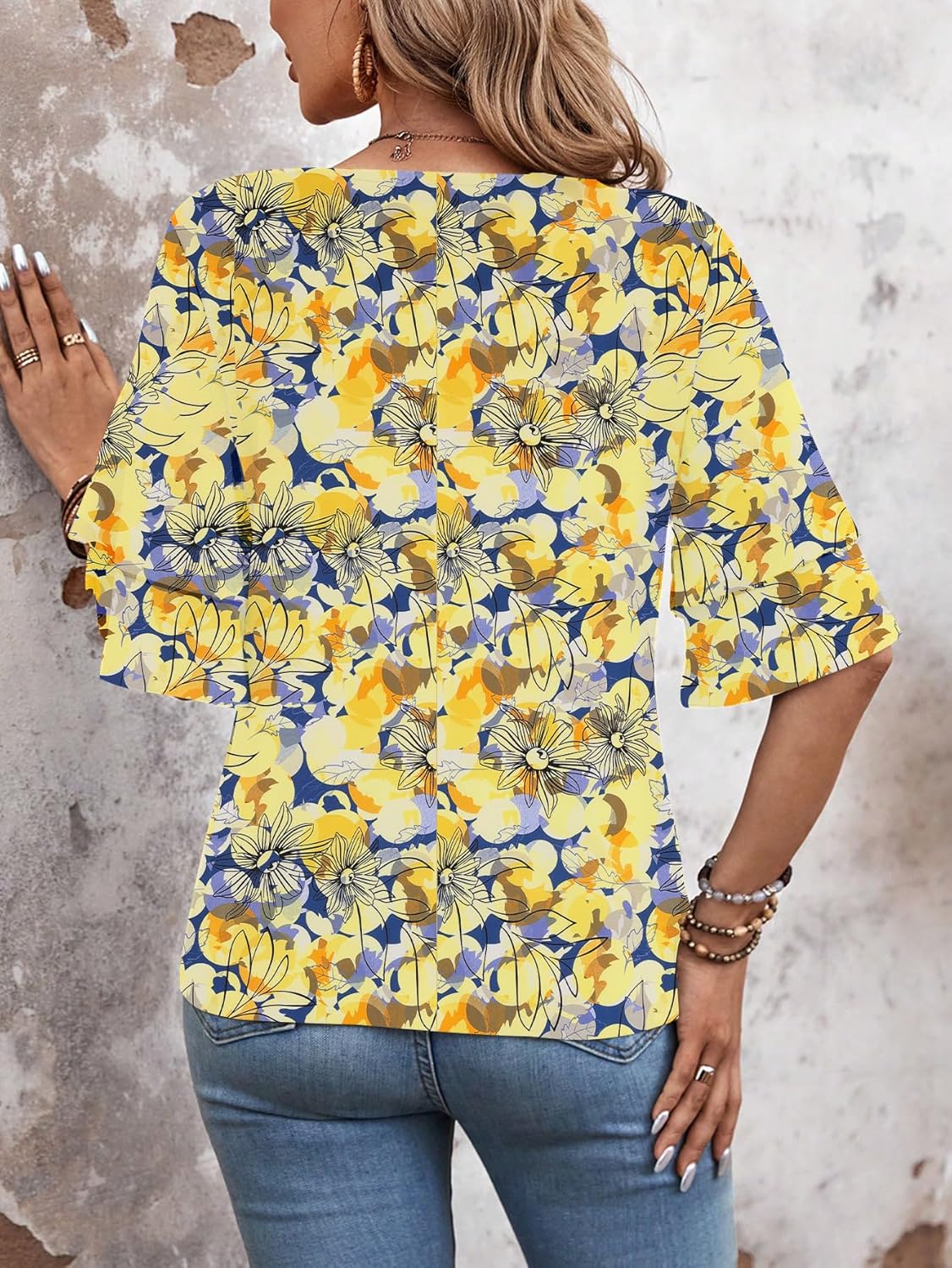 Womens Top Ruffle T Shirts Short Sleeve Blouses V Neck Tee Bell Sleeve Fall Spring Summer Fashion Clothes Cute Tunic - Image 2