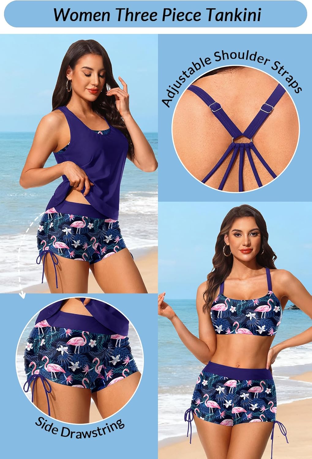 Yonique 3 Piece Womens Tankini Swimsuits with Shorts Athletic Bathing Suits Tank Tops with Bra and Boyshorts - Image 2