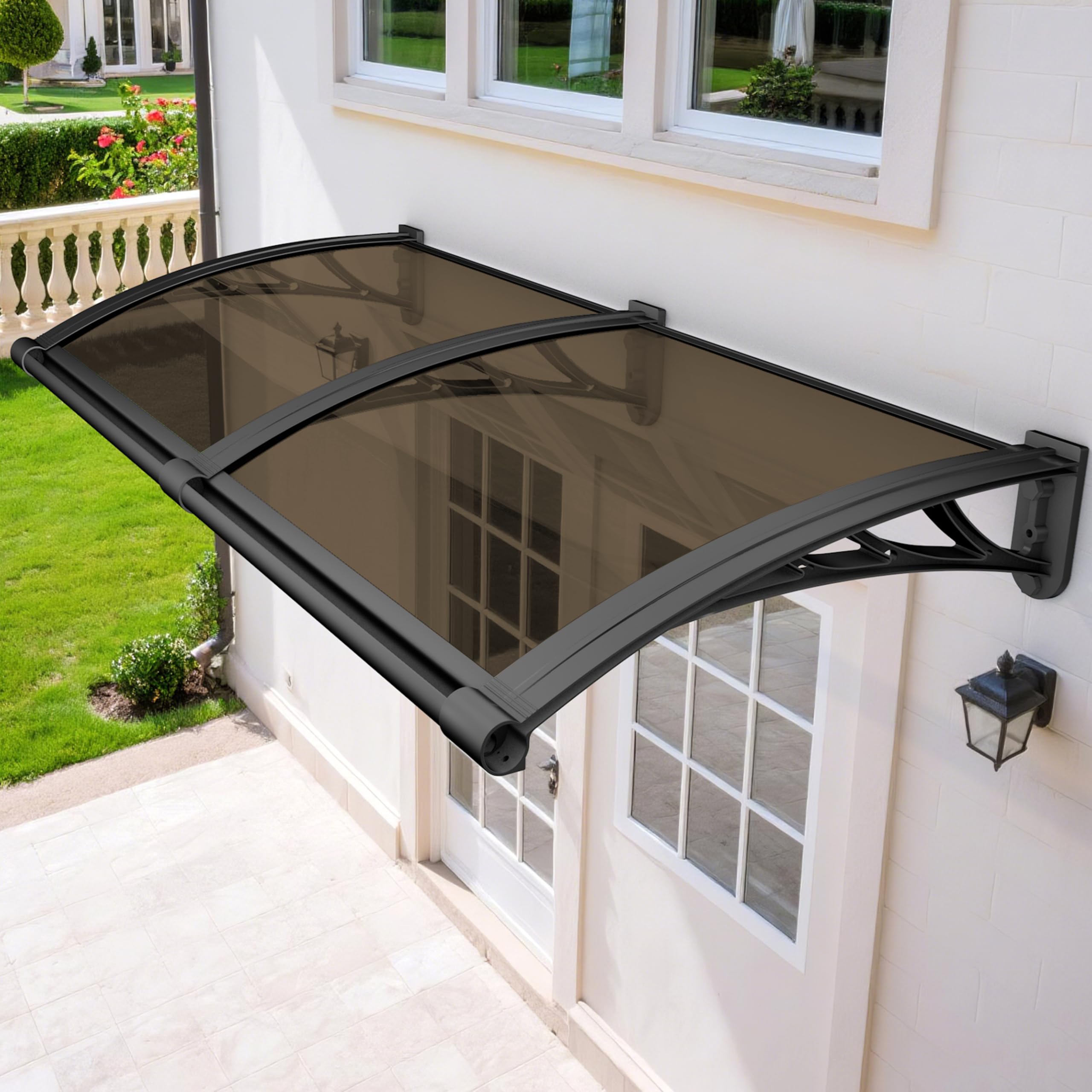LWJSOCP 48x35in Rainproof Door Canopy with Drainage Sink UV & Snowproof Plastic-Steel Brackets Polycarbonate Overhang for Porch & Patio - Weatherproof Aw