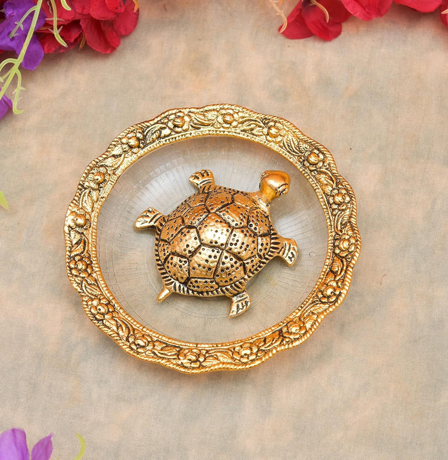 perpetual Golden Tortise for Good Luck for Home - Vastu Purpose for Home Turtle/Kachua Plate is Auspicious, Showpiece for Decoration Fengshui and Best Gift Item for Offices