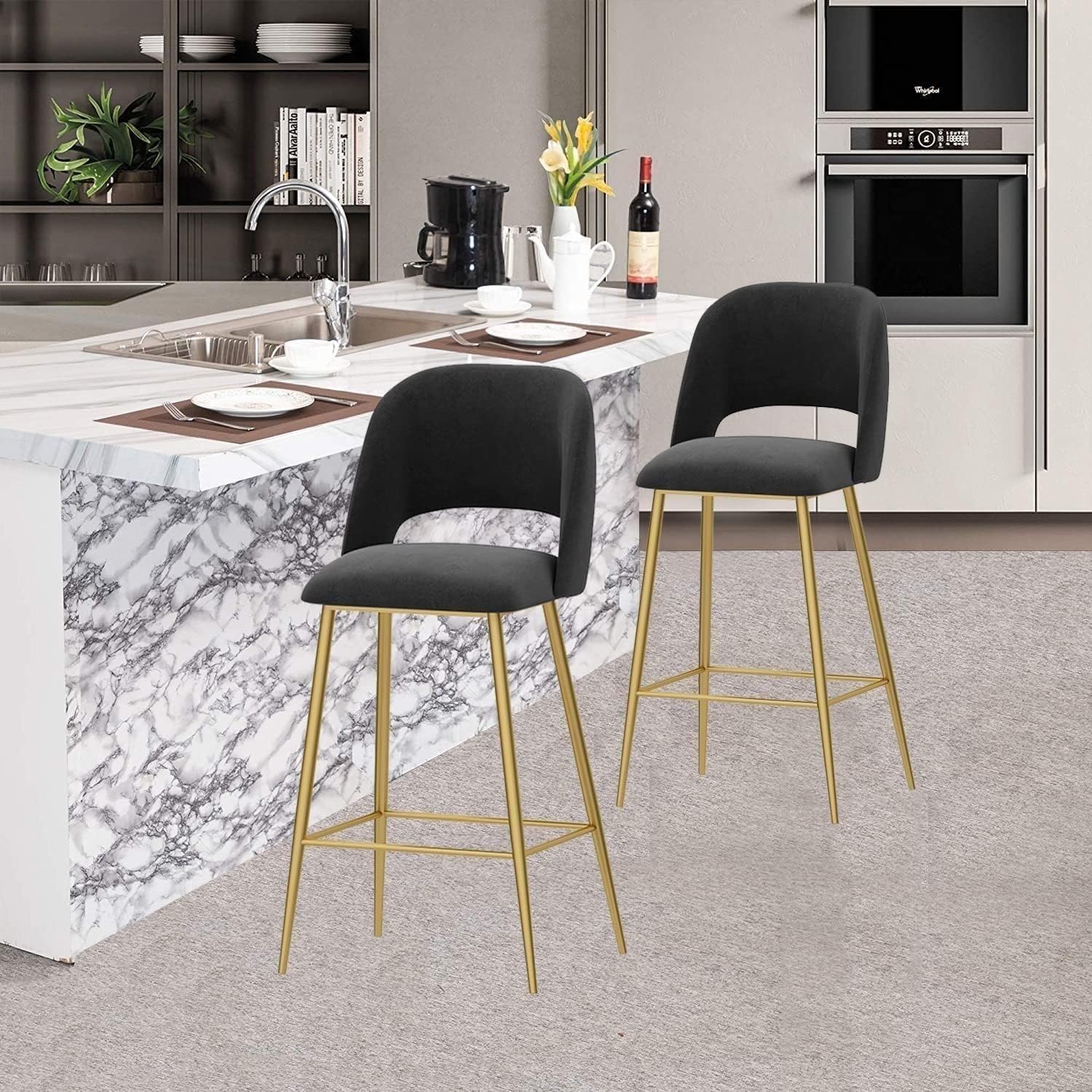 Taburete de Bar Moderno de Terciopelo, 1 Unidad, Altura de mostrador con Respaldo y Patas de Metal Dorado para Cocina.