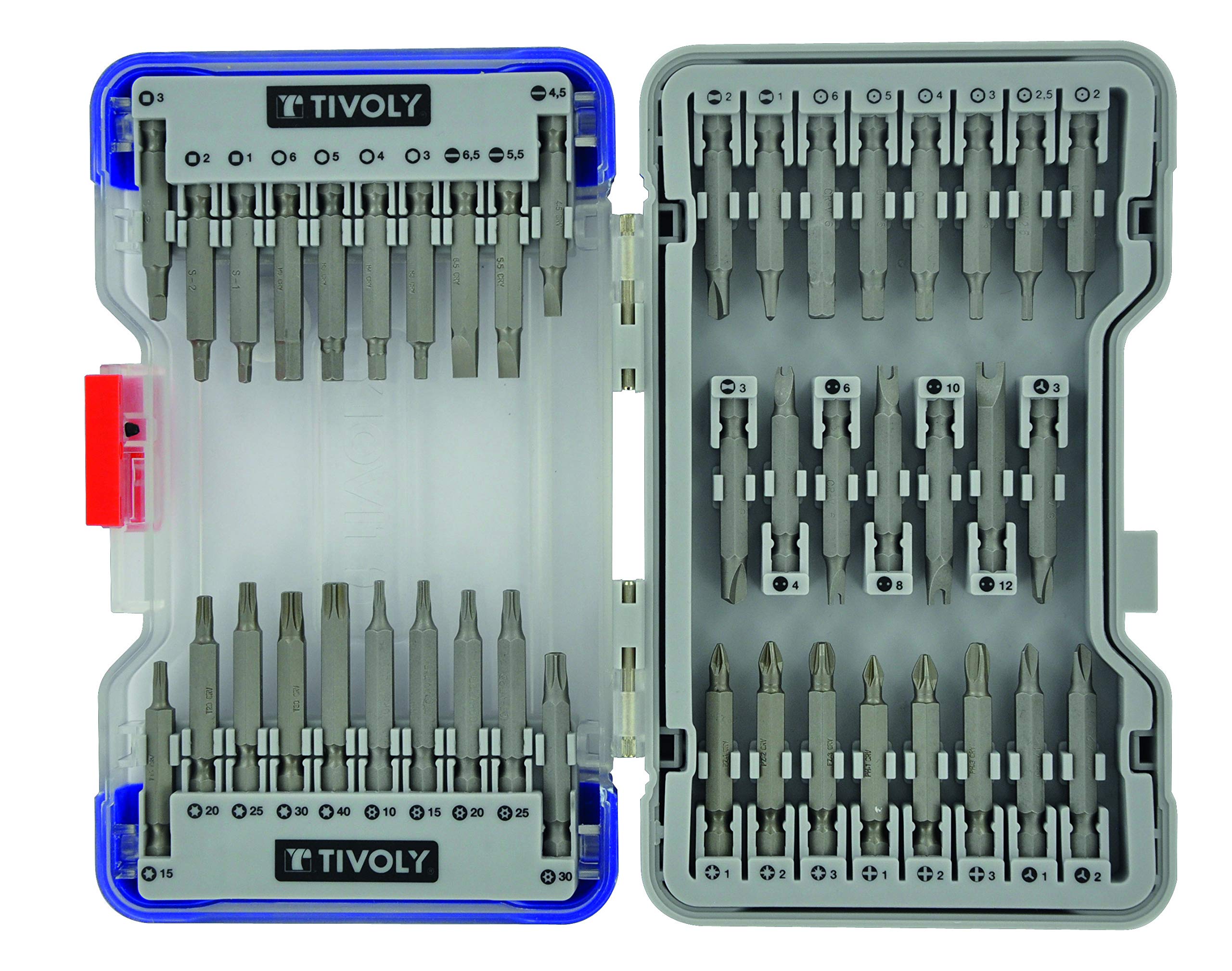 Tivoly - Coffret 43 Pièces Embouts de Vissage Longs - Empreintes pour la Plupart des Vis - Embouts Visseuse Long avec Coffret Ranger Box Antichoc, Couvercle Transparent et Sûreté Antivol
