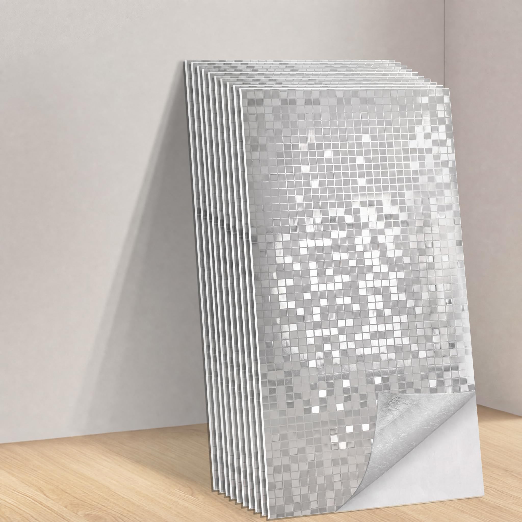 Tarwanear 50-piece Self Adhesive Wall Tile Stickers for Bathroom - 60x30cm Silver Mosaic Reflective Stick on Tiles, Waterproof Peel and Stick Wall Panels for Kitchen Backsplash
