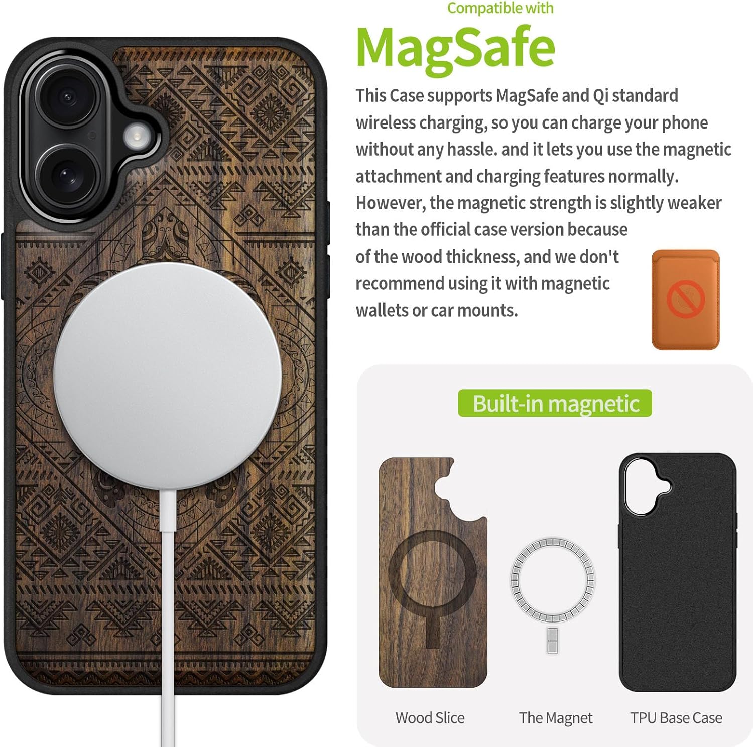 Carveit Magnetic Wooden Case for iPhone 16 Case, Wood Artisan Engraved & Black Soft TPU Shockproof Cover, Compatible with MagSafe Wireless Chargers (The Turtle Amidst Zendoodle) Walnut