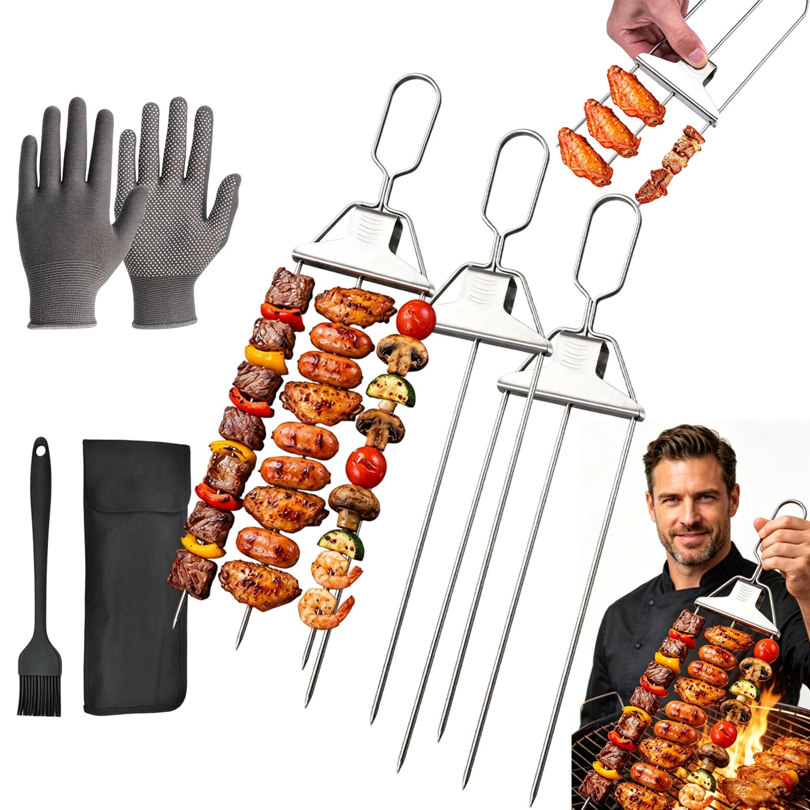 3 Way Stainless Steel BBQ Skewers, 3 Prong Grilling Skewers with Smooth Push Bar Slider, BBQ Skewers with Brush and Storage Bag, for Meat, Chicken, Veggies, Outdoor Barbecues (3PC)