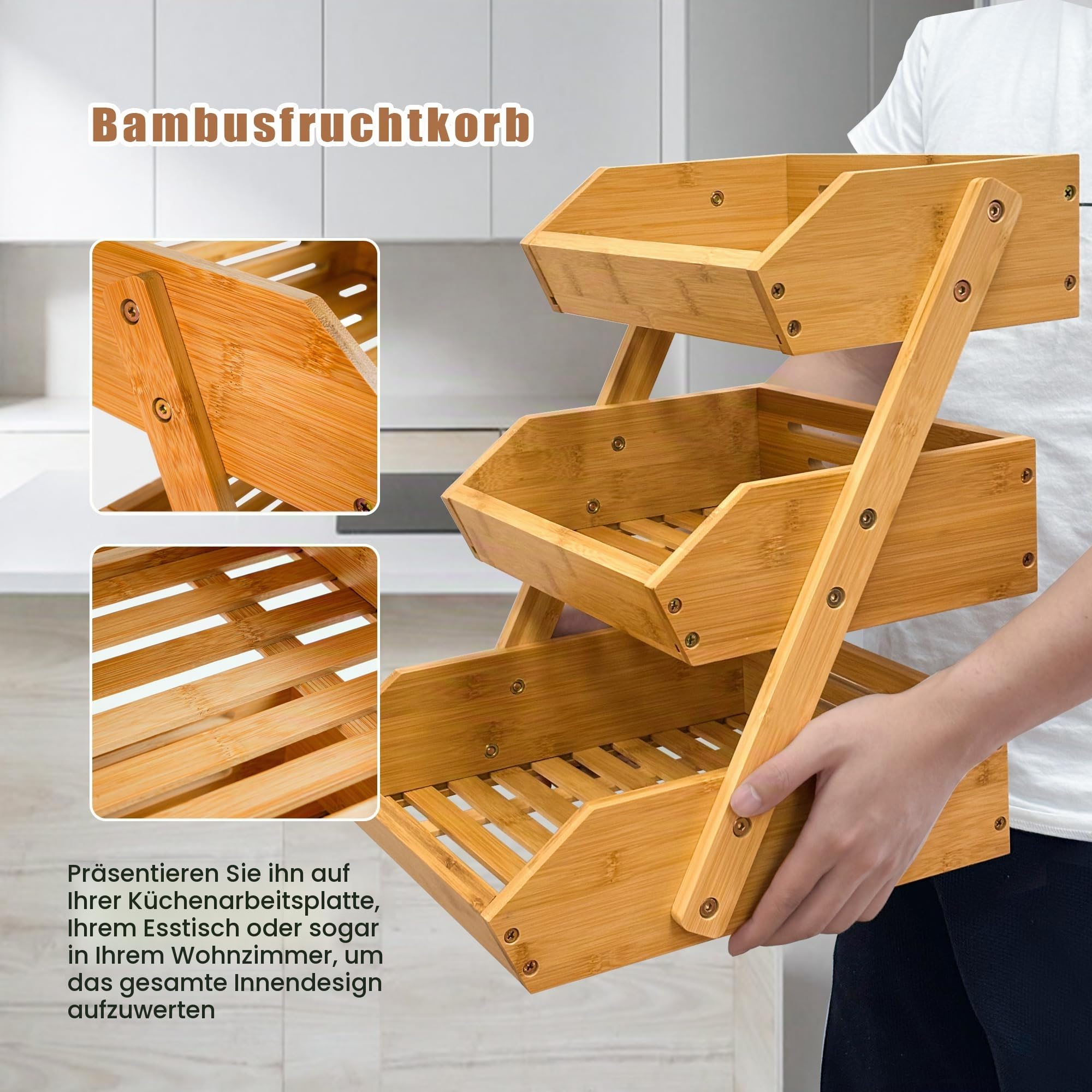 ADEL DREAM Bambus-Obstkorb 3-stöckiger Servierkorb Obstschale und Natürliches Aufbewahrungskorb-Regal Snack-Ausstellungsständer perfekt für Obst Gemüse Snacks Haushaltswaren und mehr Bambus