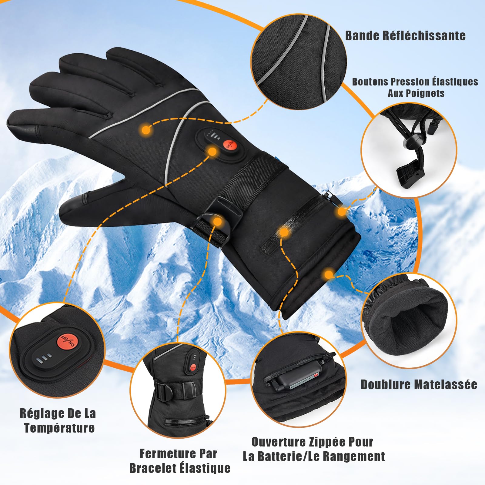 Gants Chauffants pour Femme et Homme avec Batterie 6000mAh Rechargeable, 3 Niveaux De Températures, Imperméables, Écran Tactile pour Moto, Vélo, Ski, Chasse