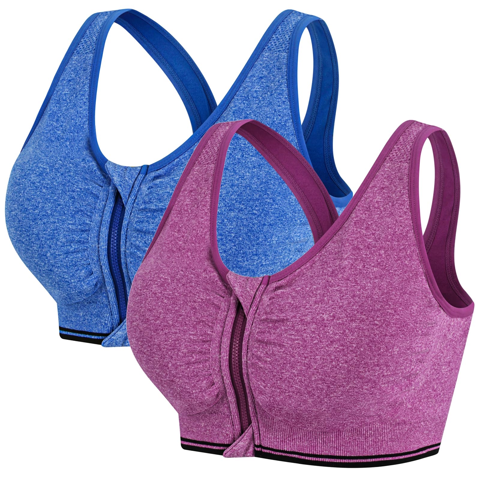 Sujetador Deportivo Mujer Racerback Cremallera Frontal Impacto Medio Sport Bra con Relleno 2 Pack
