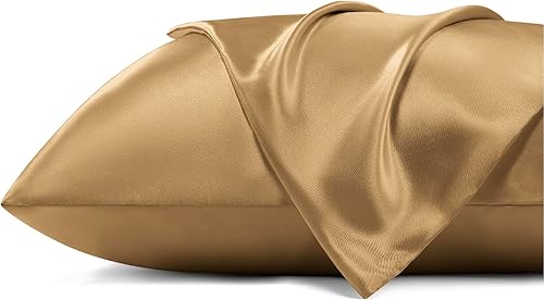 Bedsure Funda de almohada de satén para cabello y piel, juego de 2 fundas de almohada con cremallera color gris pardo, similar a las fundas de