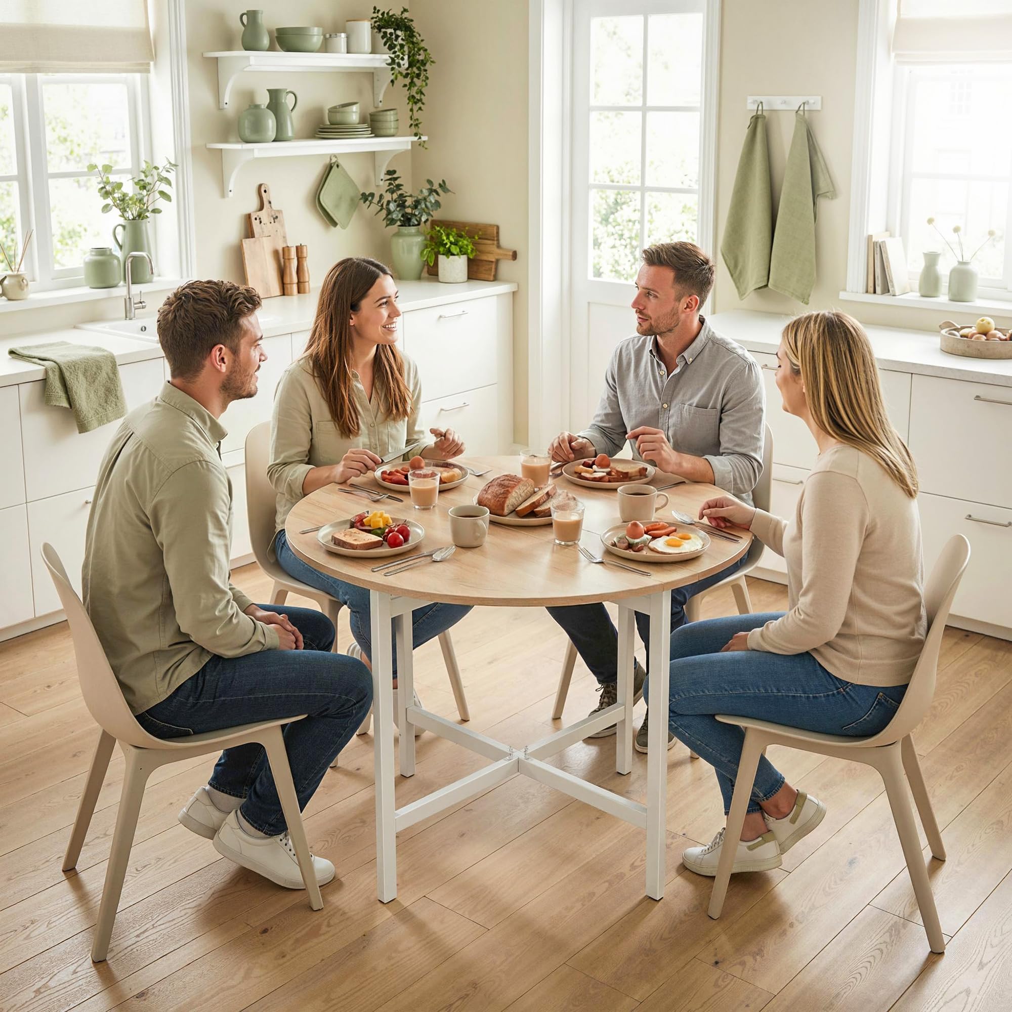 HOMCOM Esstisch Klappbarer Küchentisch für 2-4 Personen, Runder Esszimmertisch mit Stahleinen Klapptisch für Kleine Räume, Esszimmer, Küche, 80 x 80 x 76 cm, Naturholz