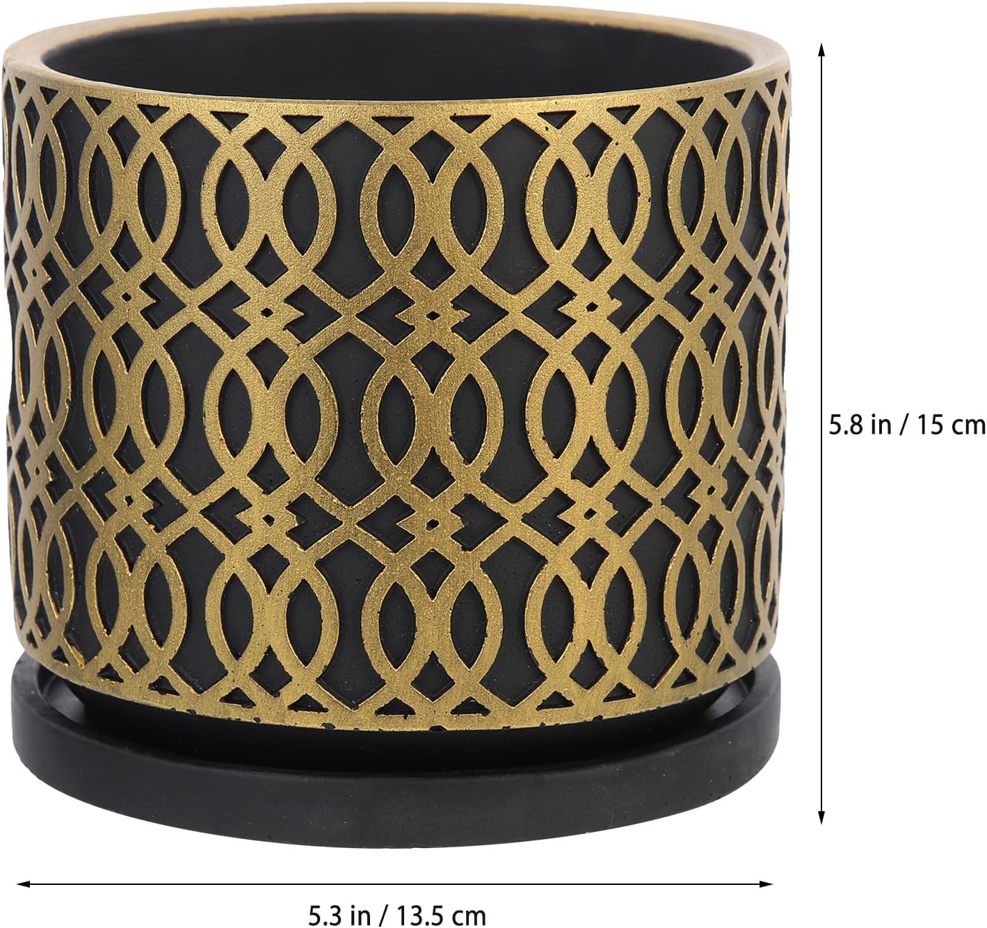 Luxshiny Creative Cement Succulent Planter Pot with Drainage Saucer, 15x15x13.5cm Black Gold Curve, Indoor Outdoor Gardening Flower Container for Home Décor