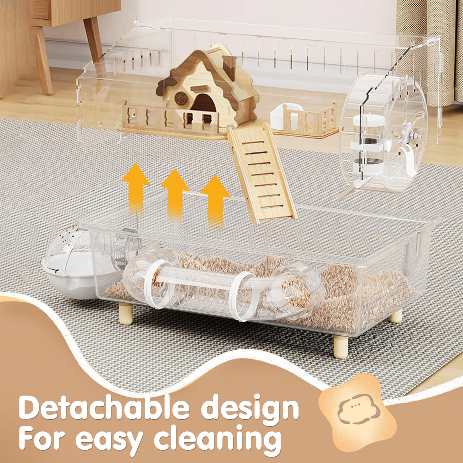 Gabbia per criceti in acrilico con accessori, trasparente gabbia per roditori 45×30×33 cm con ruota, tunnel, casetta in legno, abbeveratoio e ciotola per cibo – Grande gabbia per piccoli animali per