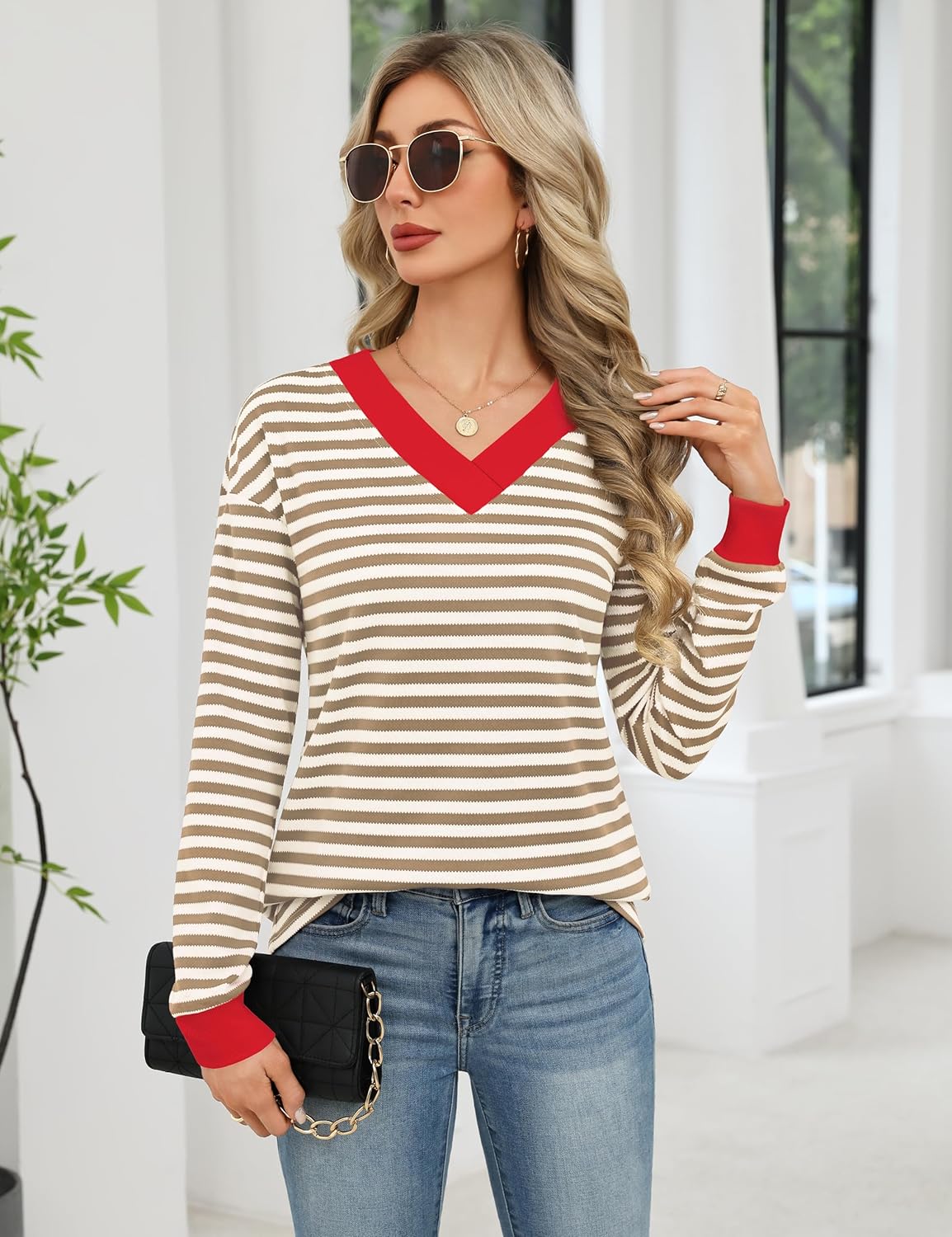 Fayenne Womens Long Sleeve Tops Dressy Casual Striped Shirts Color Block V Neck Blouses Tunic Fall Fashion 2025 - Image 6