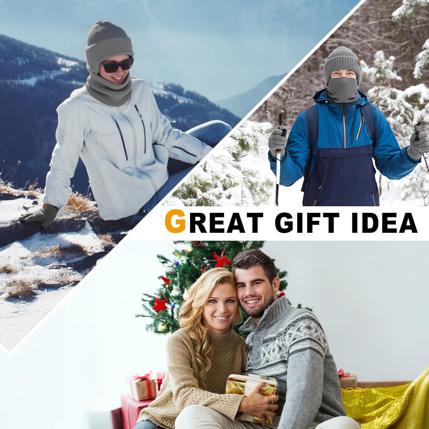 Sofier Winter Hat Fleece Lined Beanie with Earflap Neck Warmer Scarf Touchscreen Gloves Warm Knit Set for Men Women - Image 6