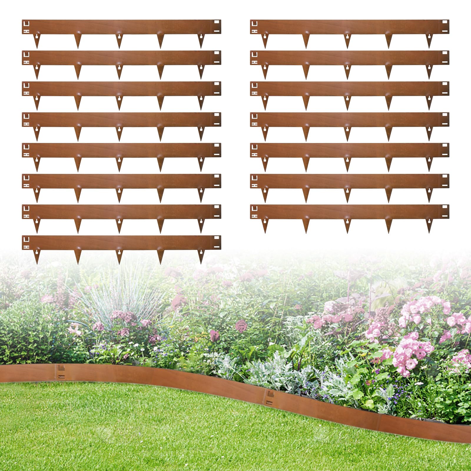 15 Pezzi Bordura per Giardino in Acciaio Corten, 107cm Bordura per Aiuola, Altezza 15cm, Bordo per Aiuole Flessibile, Bordure per Aiuole, Bordi per Aiuole Giardino per Cortile, Prato, Orto