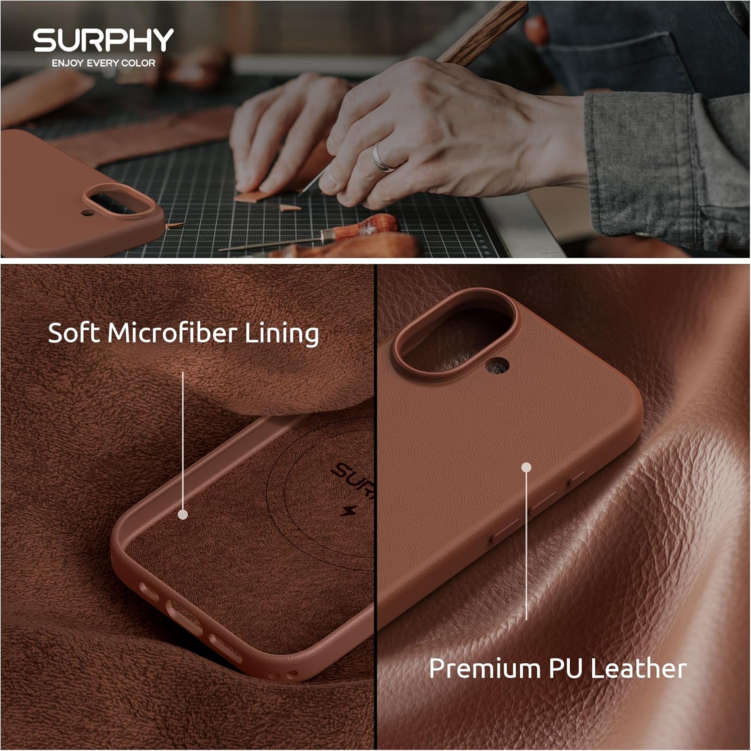 SURPHY Case for iPhone 17 Case (6.3 inch 2025), Compatible with MagSafe, Faux Leather 17 Phone Cases Whit Soft Microfiber Lining, Brown - Image 5