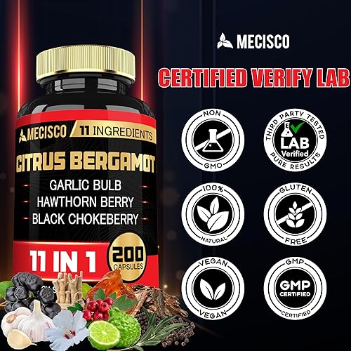 Miniatura 6 de Mecisco Suplemento de bergamota cítrica 11 en 1 de 1000 mg con hoja de olivo, baya de espino, guggul, ajo y más, apoya la inmunidad, el sistema