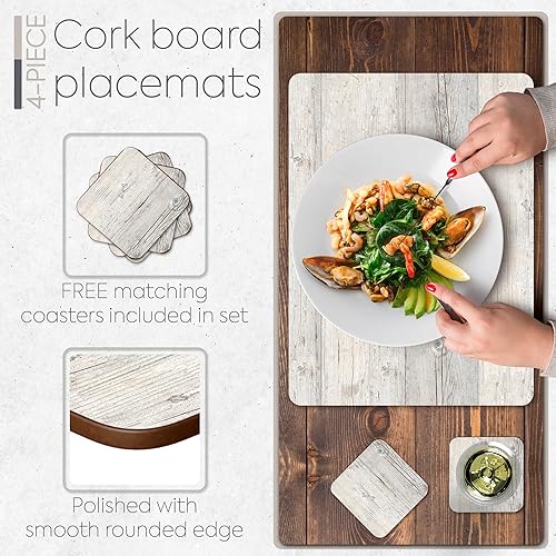 Miniatura 4 de Juego de 4 manteles individuales de corcho resistentes al calor para mesa de comedor con juego de 4 posavasos a juego con diseño de madera de