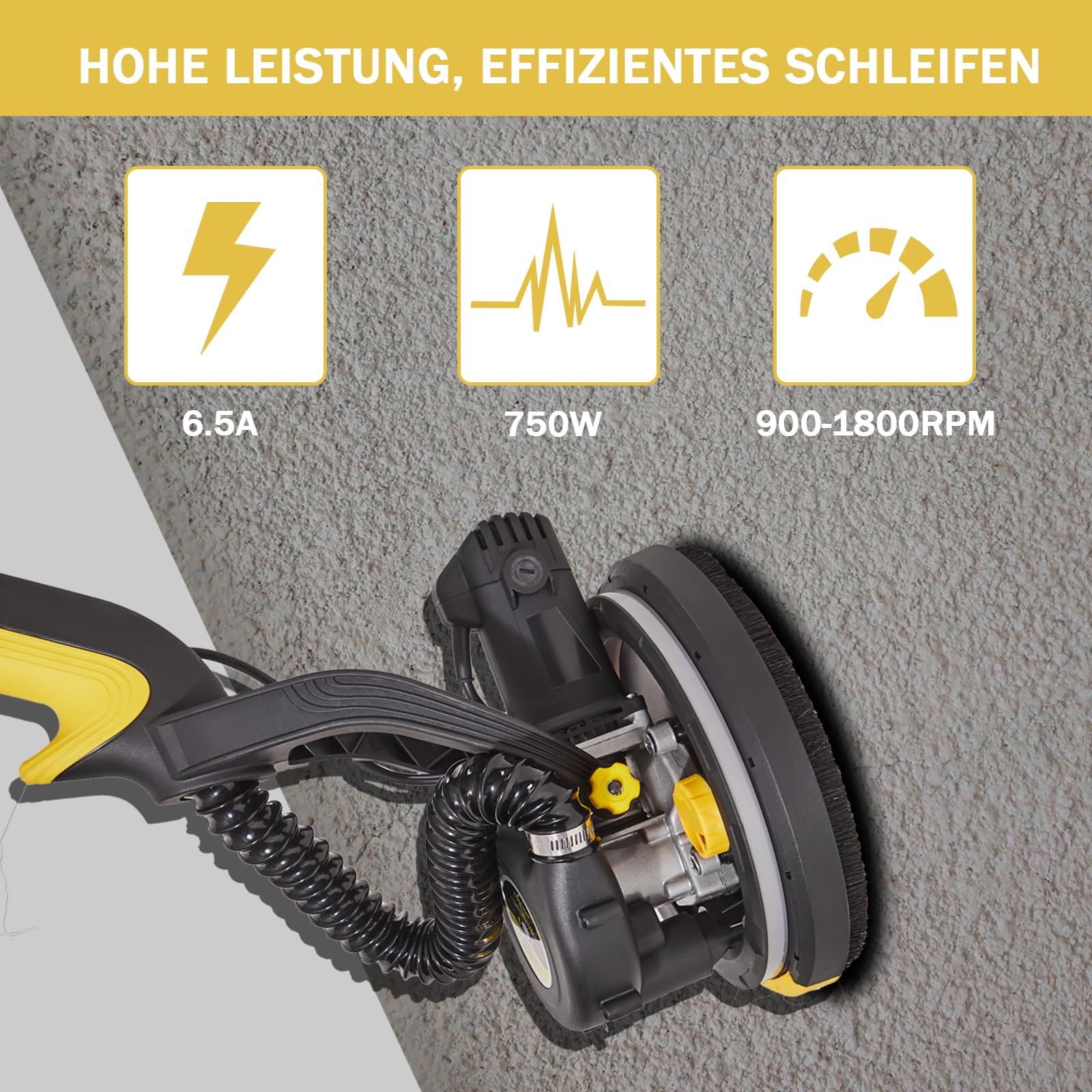 Trockenbauschleifer, 750W Wandschleifer mit Automatischem Vakuumsystem und Ø 214mm Schleifgiraffe inkl Absaugbeutel LED-Licht, 7-Gang Getriebe, 900-1800RPM Deckenschleifer, Faltbarem Griff
