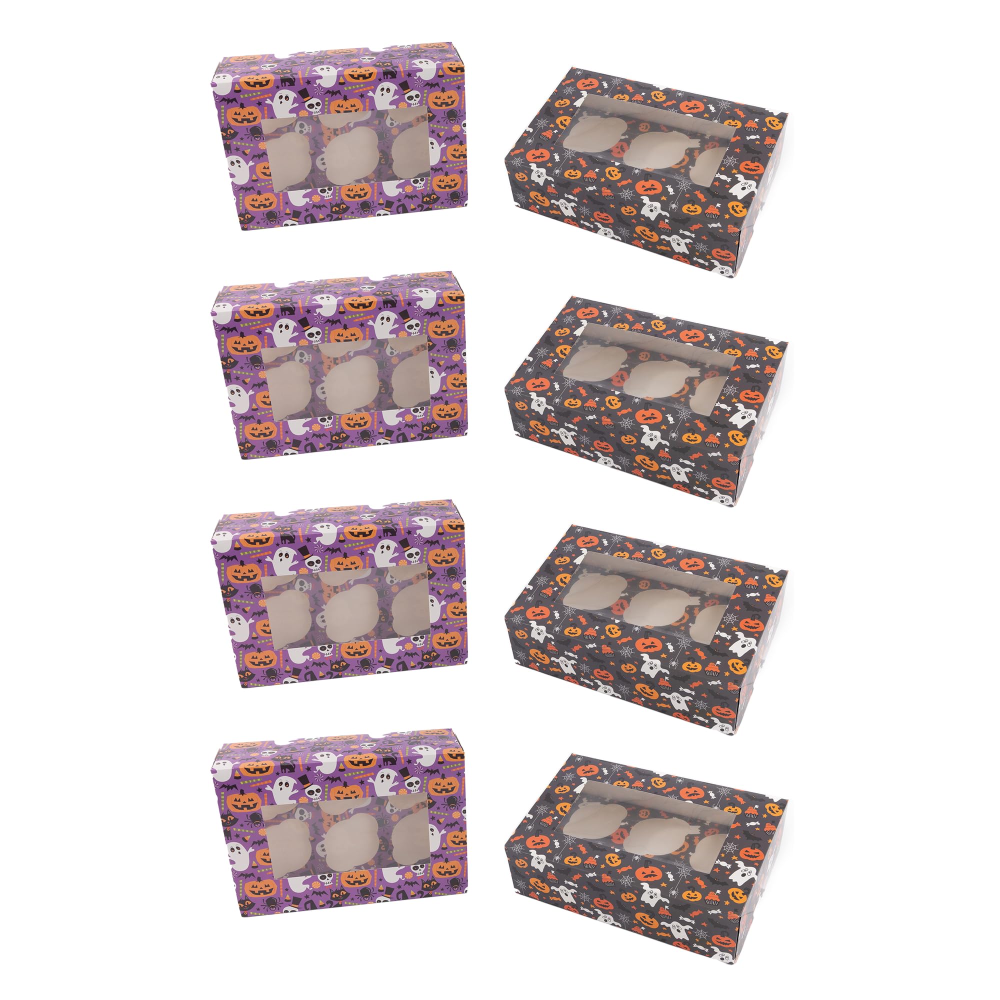evelay Halloween Cupcake Boxes - Holds 6 Standard Cupcakes - Mixed Spooky Designs with Window & Inserts for Treats, Sweets and Chocolates (Pack of 8)