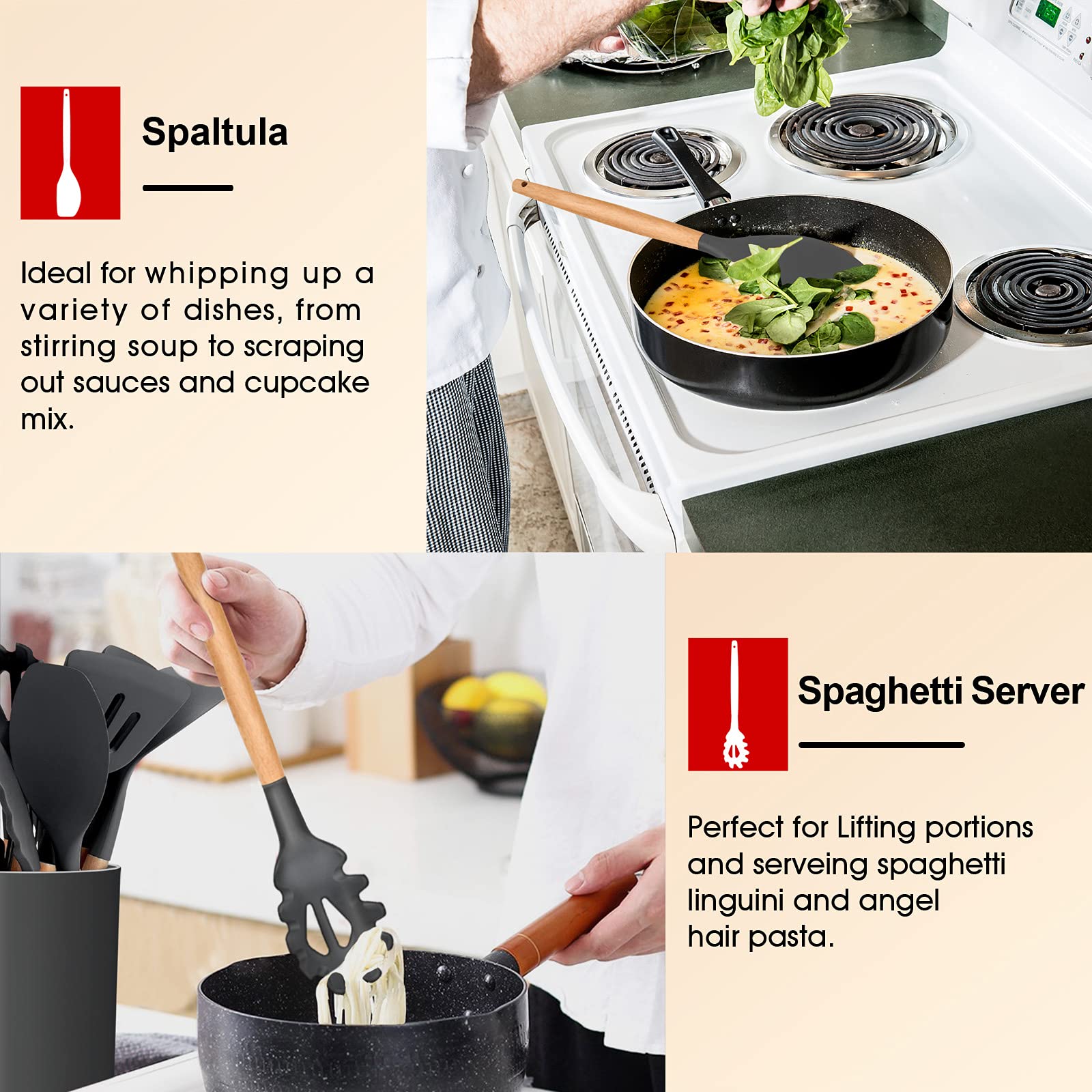 E-far - Juego de 6 utensilios de cocina de silicona con mango de madera, antiadherentes y resistentes al calor, incluye espátula/cucharón/volteador ranurado/cuchara para servir/servidor de espaguetis