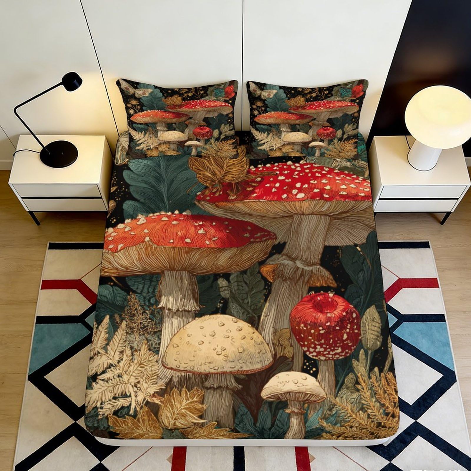 3D Printed Mushroom Pattern Fitted Sheet Microfiber Soft Breathable Forest Design Mattress Cover for Bedroom Dormitory Guest Room Protection 160x200x25cm